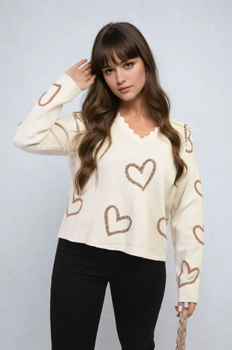 V-neck Stone Long Sleeve Knitted Jumper