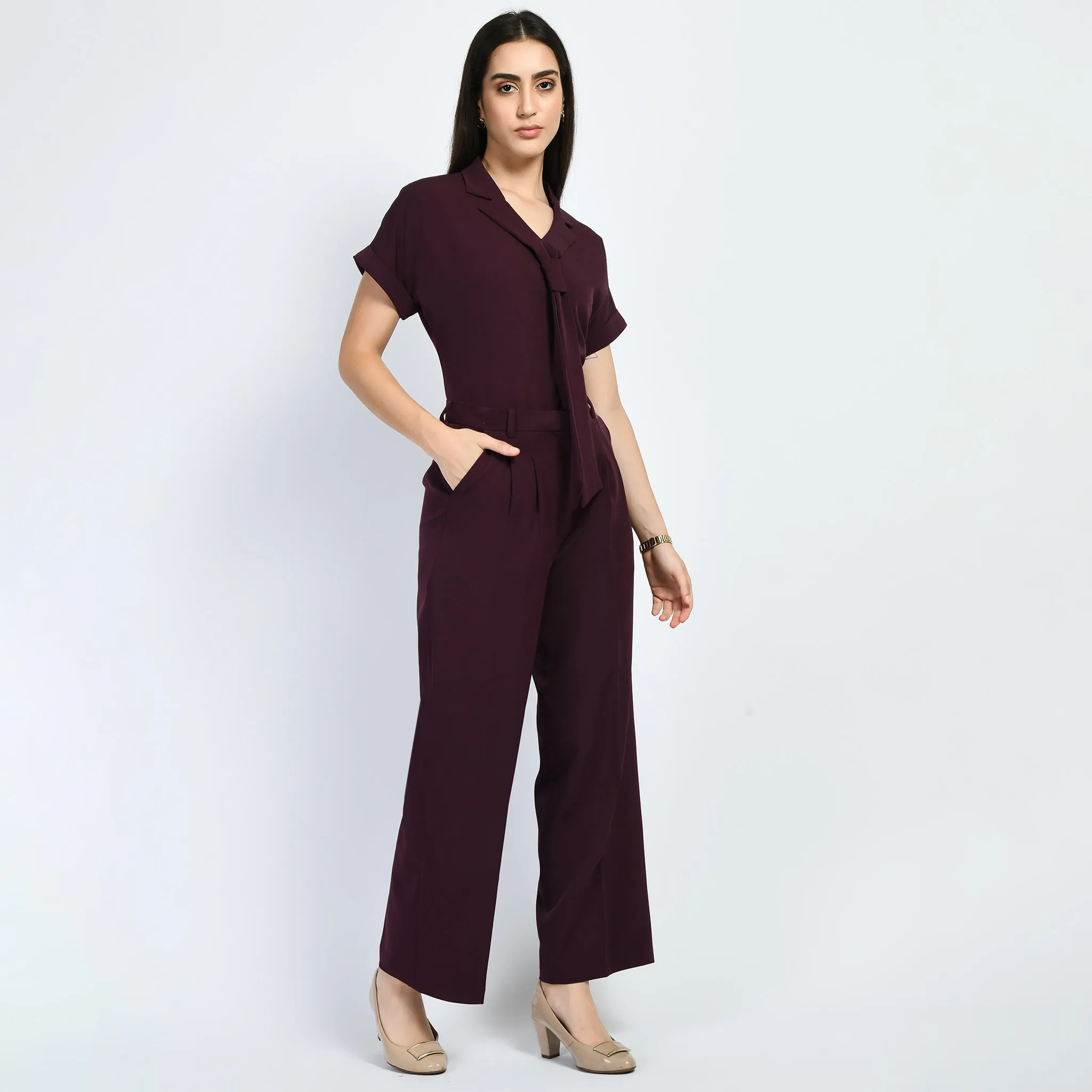 Wine Solid Trouser With Blazer Tie Top Co-Ord Set