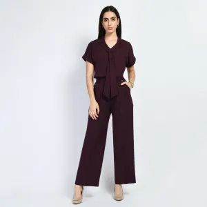 Wine Solid Trouser With Blazer Tie Top Co-Ord Set