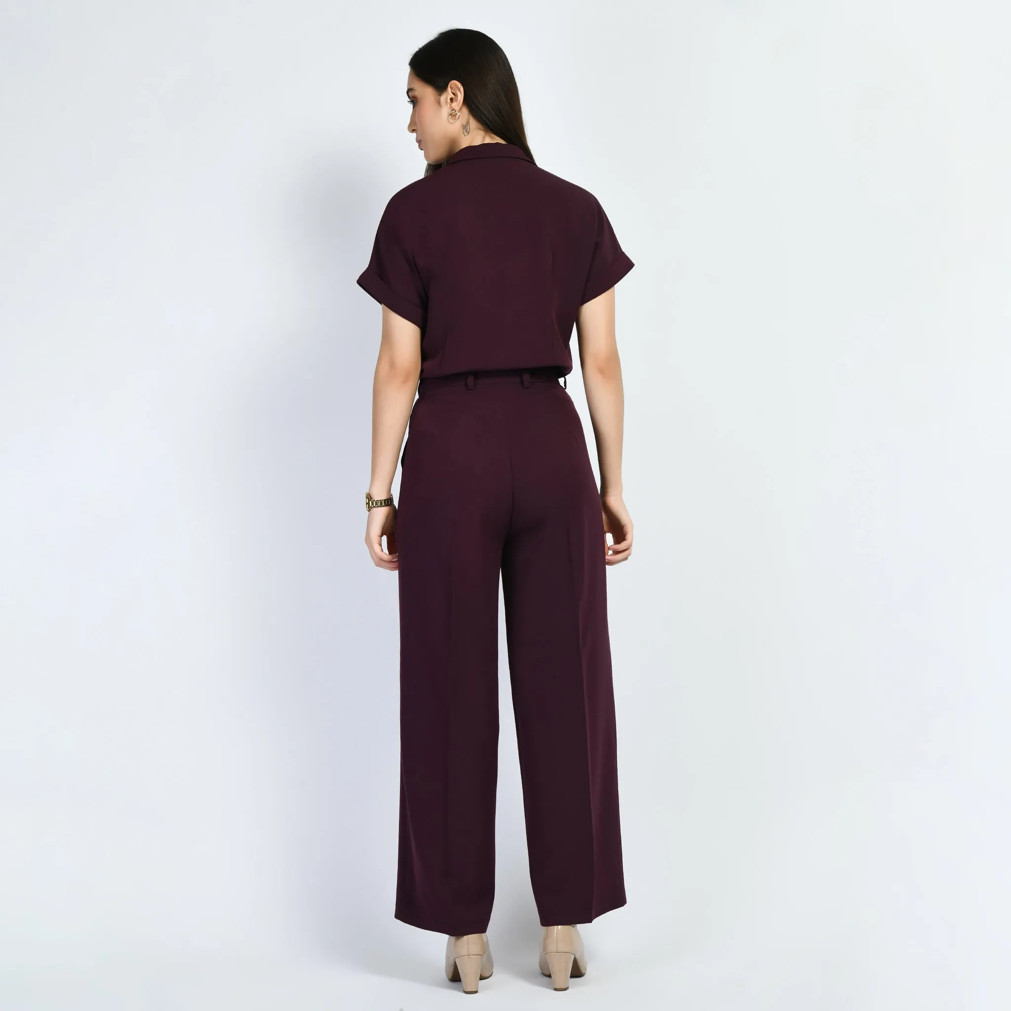 Wine Solid Trouser With Blazer Tie Top Co-Ord Set