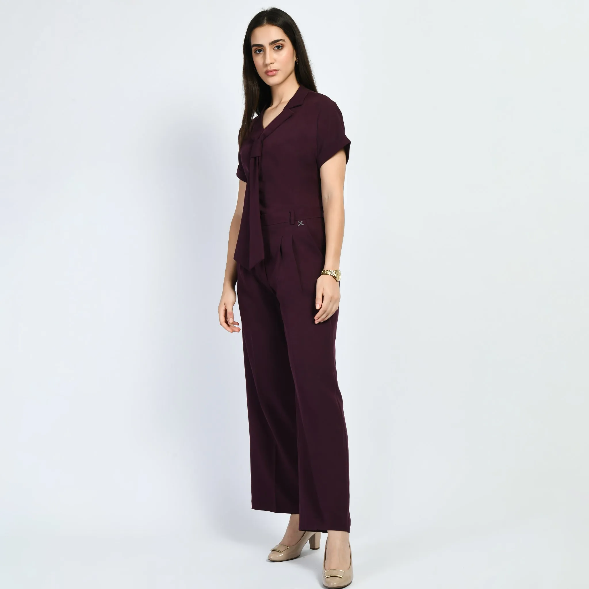 Wine Solid Trouser With Blazer Tie Top Co-Ord Set