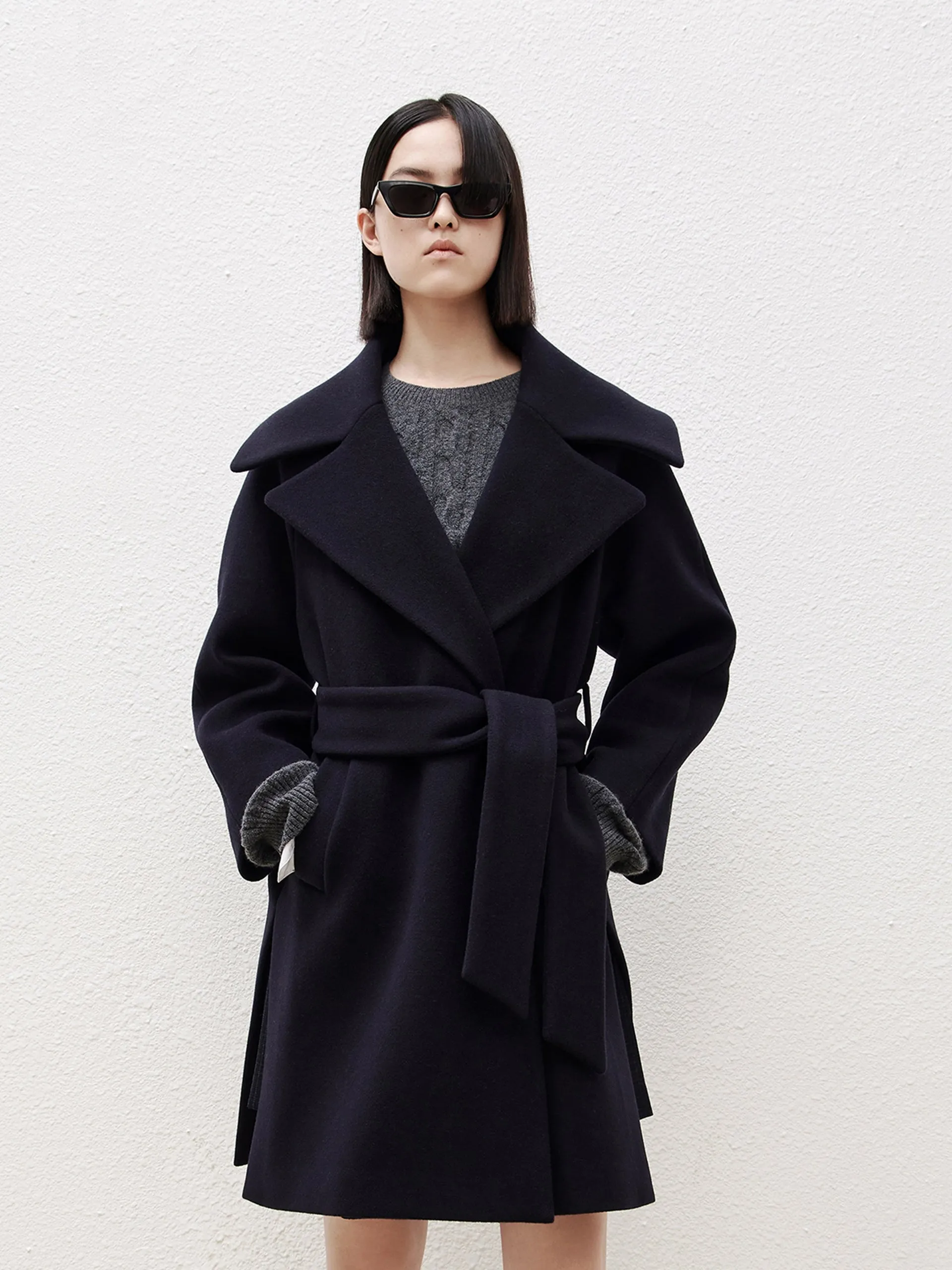 Wool Blend Side Slit Coat with Belt