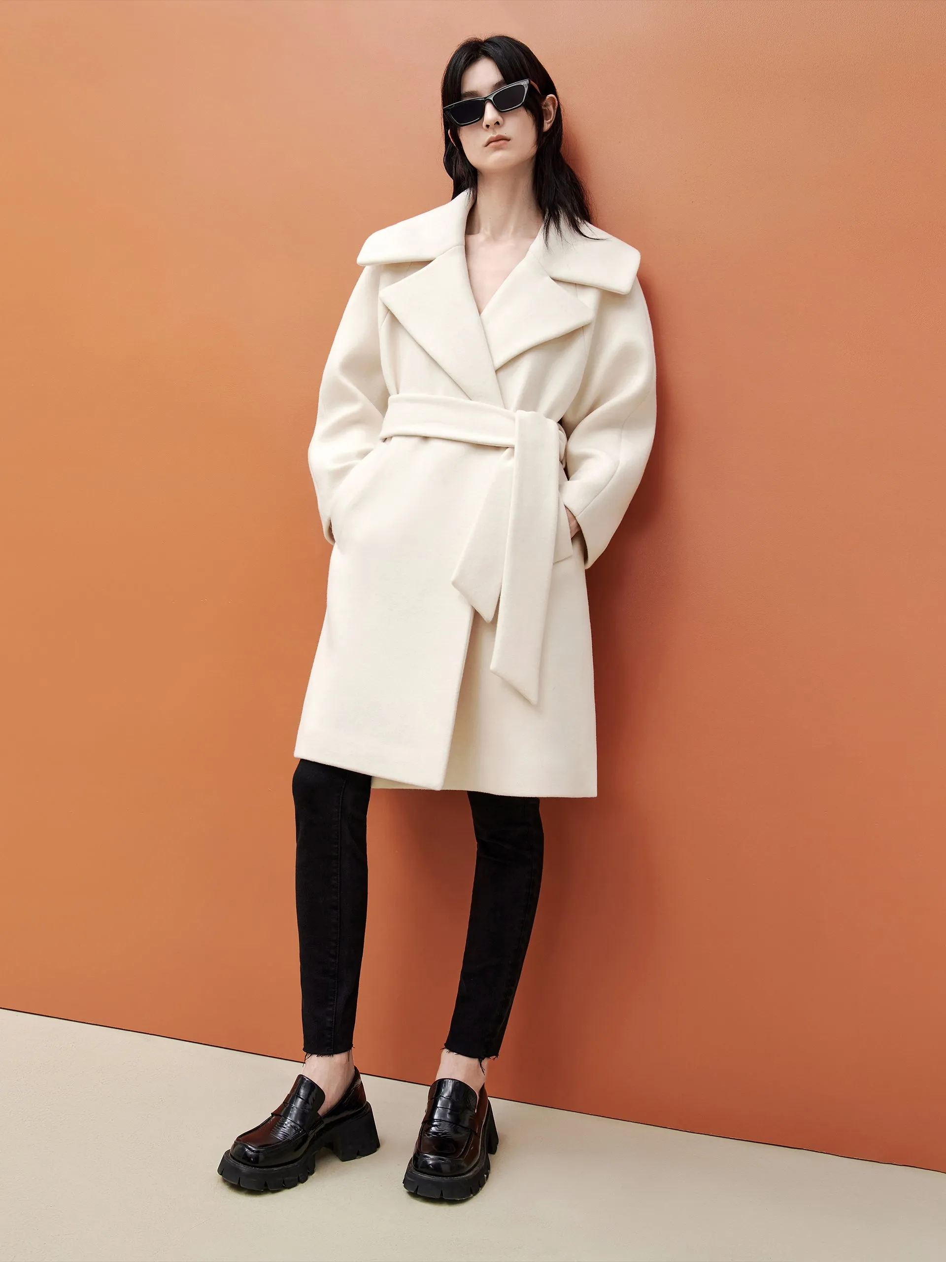 Wool Blend Side Slit Coat with Belt