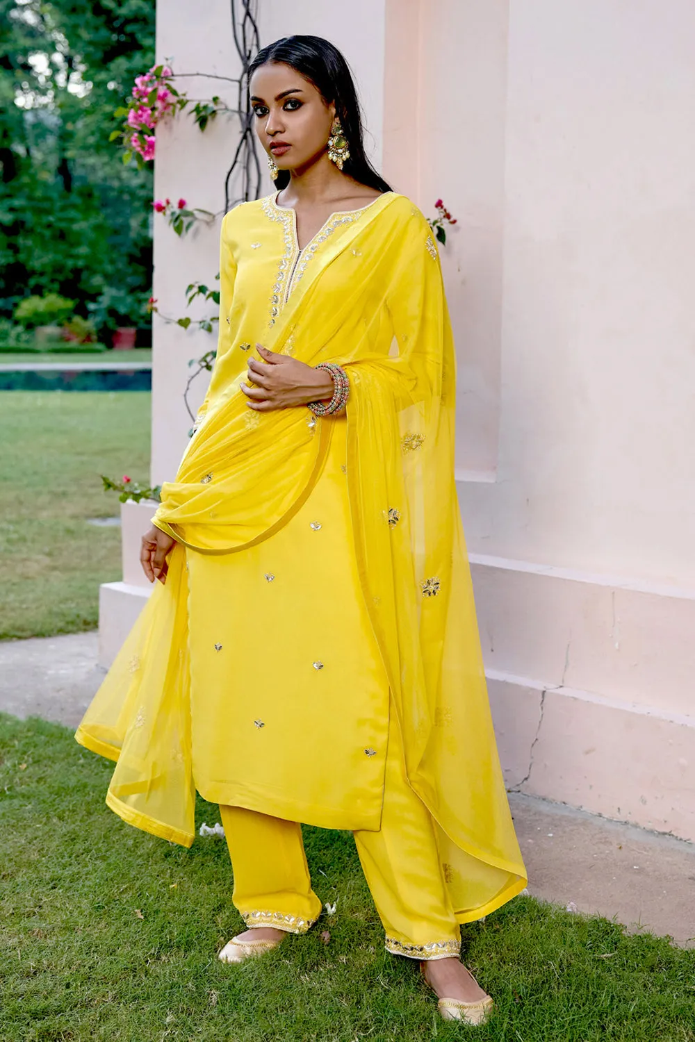 Yellow Georgette Kurta Set With Gota Patti