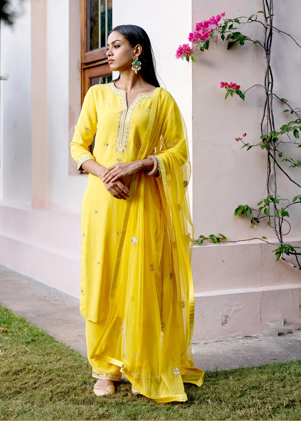 Yellow Georgette Kurta Set With Gota Patti